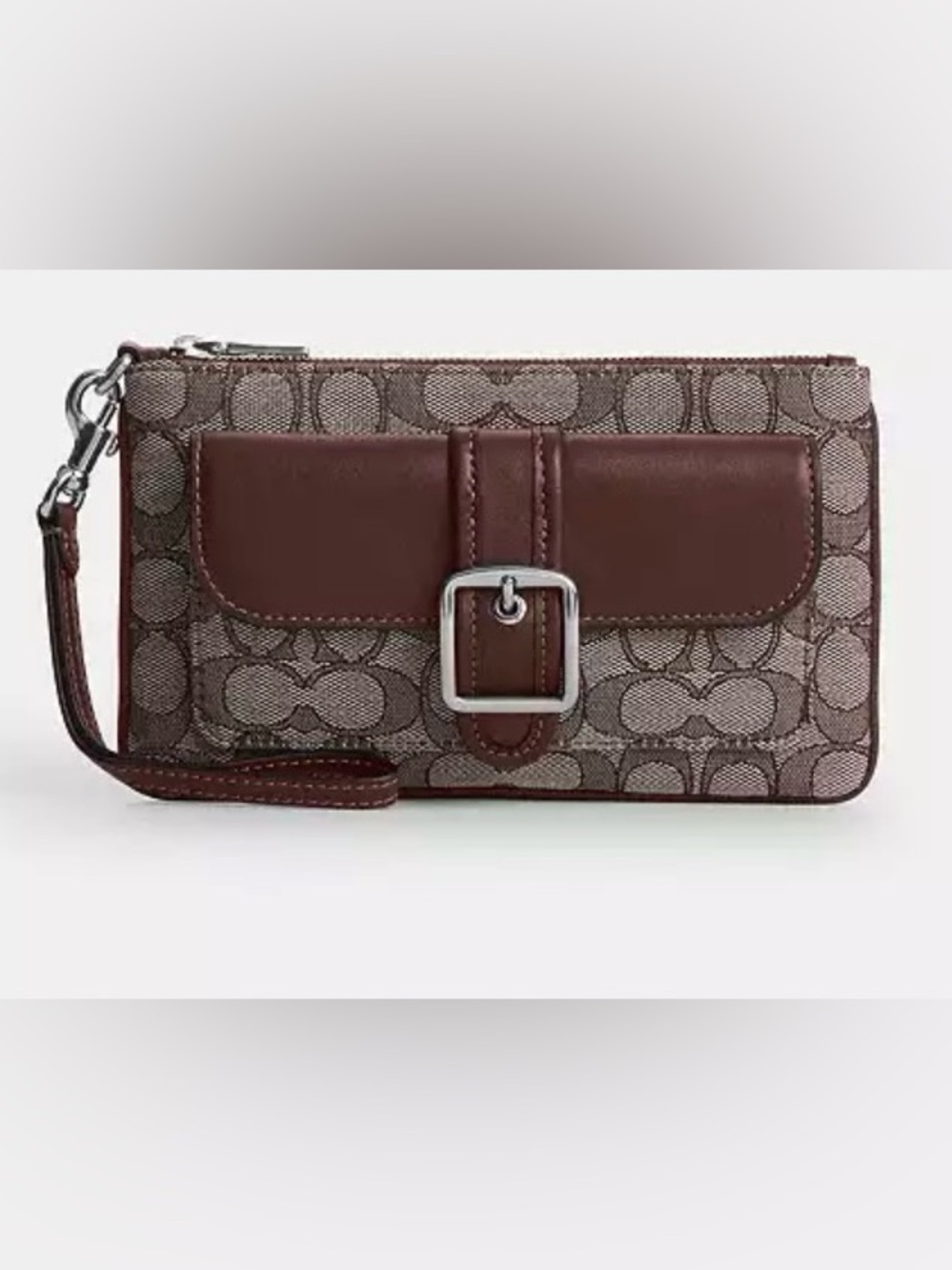 Coach Brown Signature Canvas Wristlet with Leather Buckle Accent